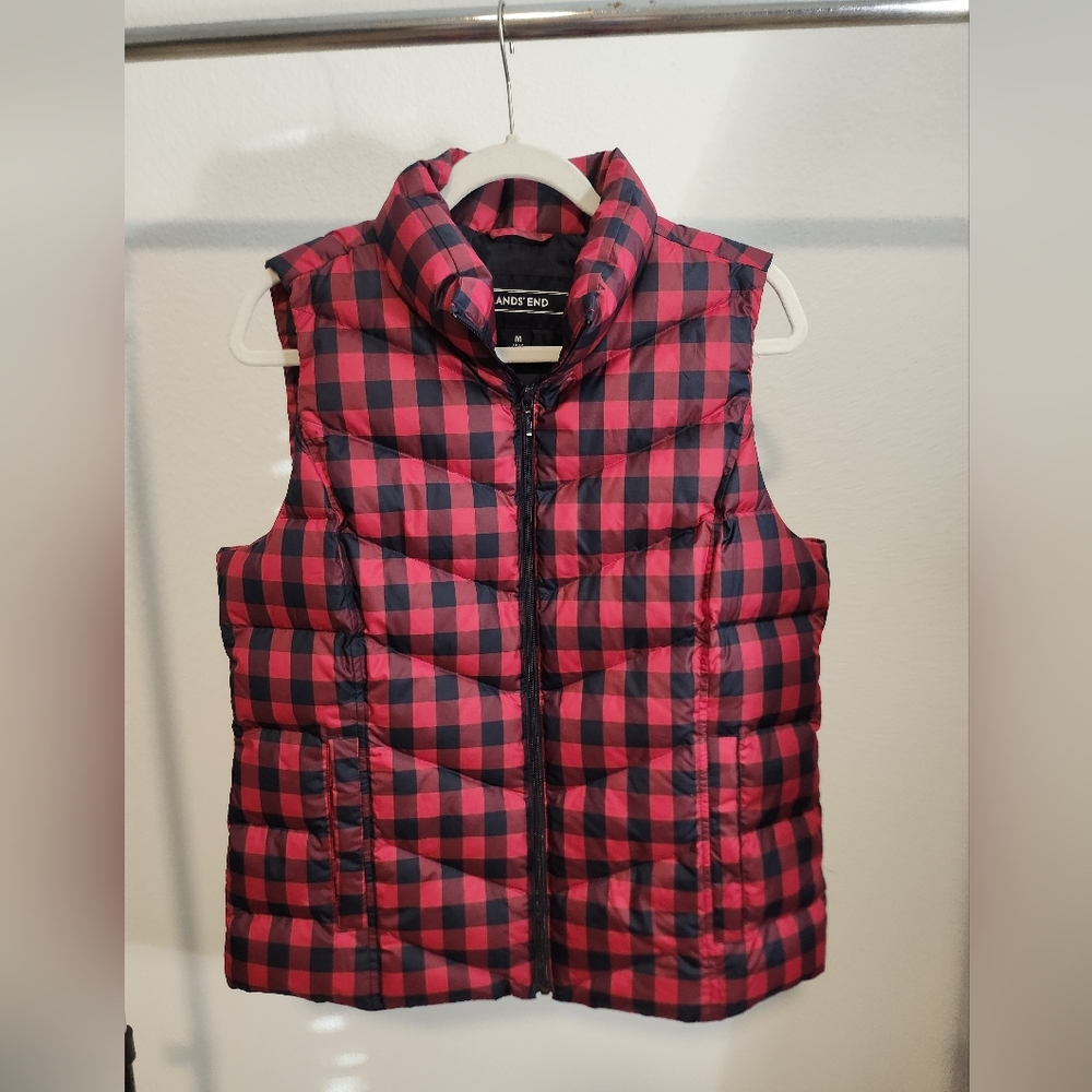Lands' End Red and Black Plaid Vest